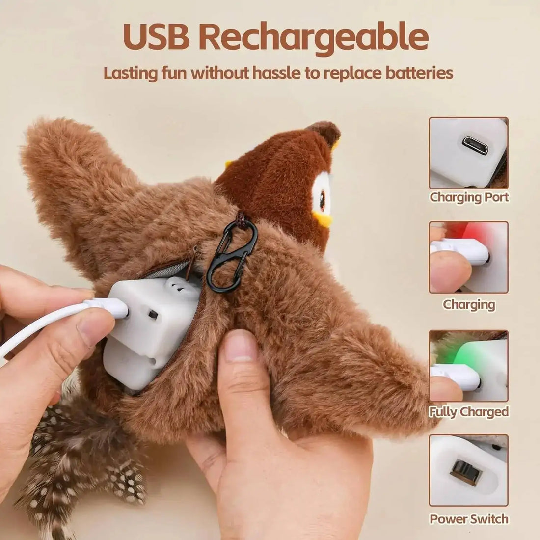 Interaktives Katzenspielzeug Vogel – Zwitschernder Plüschvogel, USB aufladbar