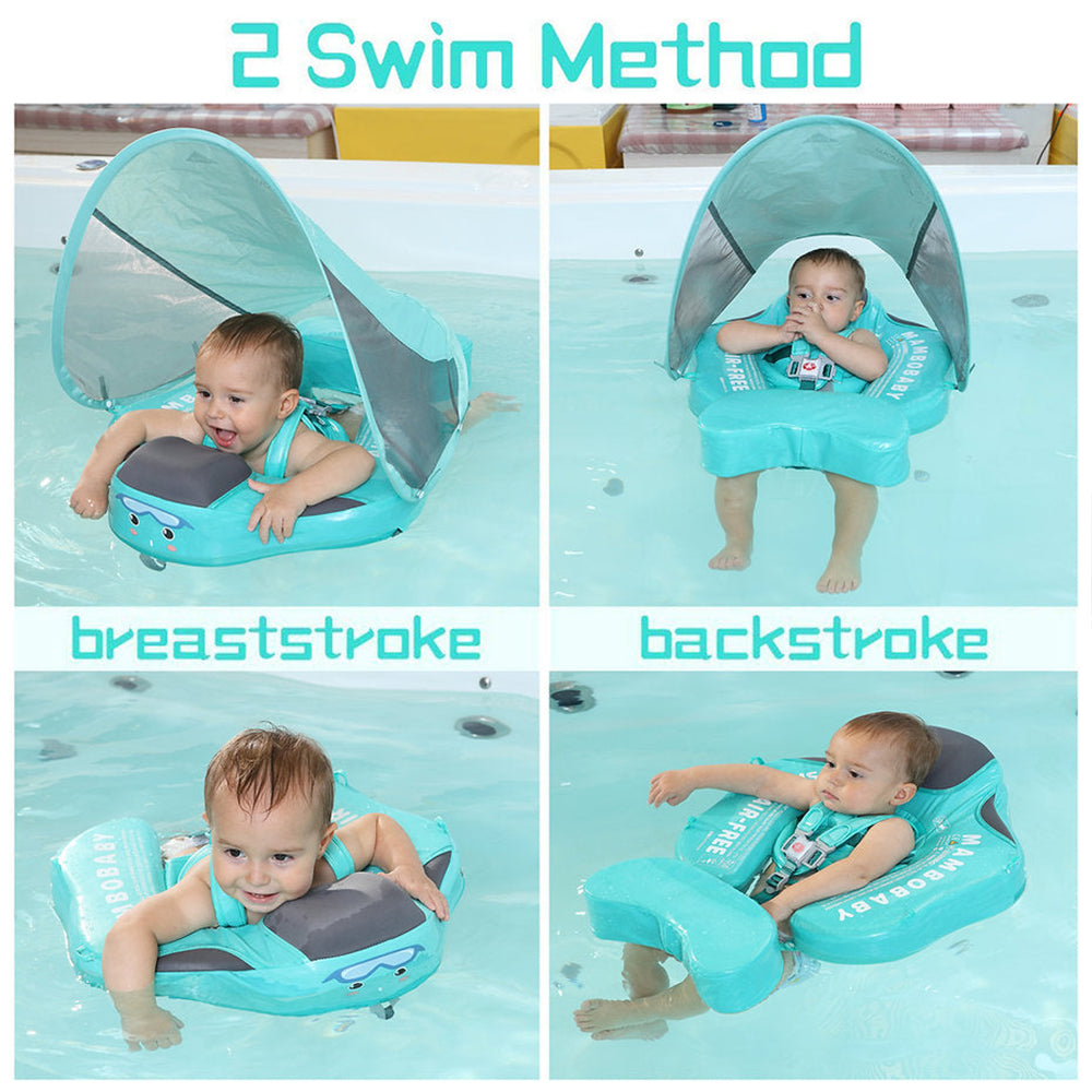 Unterstützte Brust- und Rückenschwimm-Positionen der Mambobaby™ Pink Flamingo Schwimmhilfe.