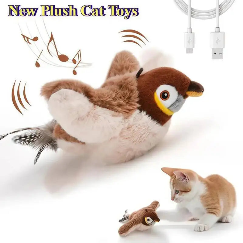 Interaktives Katzenspielzeug Vogel – Zwitschernder Plüschvogel, USB aufladbar
