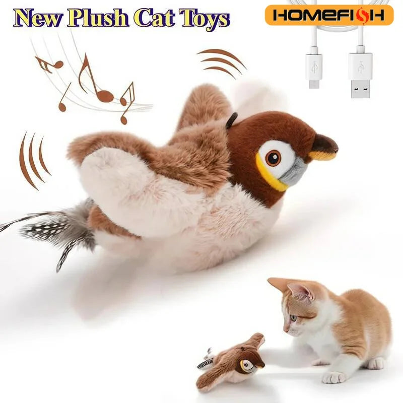 Interaktives Katzenspielzeug Vogel – Zwitschernder Plüschvogel, USB aufladbar