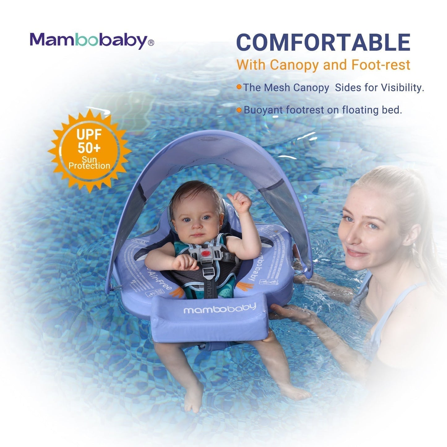 Glückliches Baby nutzt den Mambobaby™ Pinguin Schwimmring im Wasser