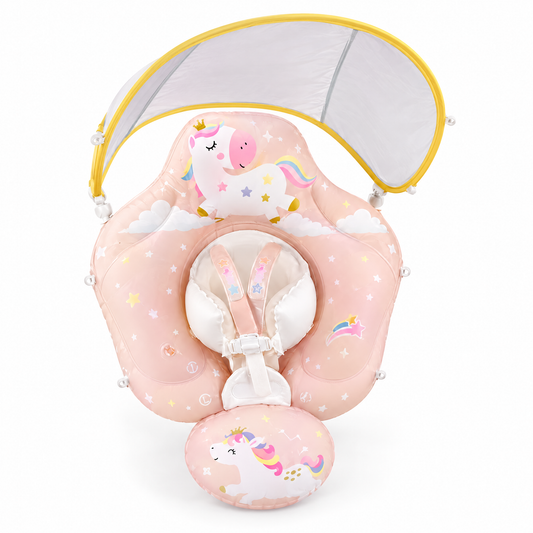 Baby Schwimmring mit Sonnendach und Sicherheitsgurt, rosa Einhorn Bauch-Schwimmring