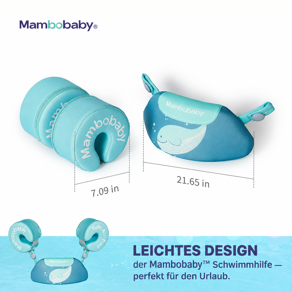Leichtes Design der Mambobaby™ Schwimmlernhilfe — perfekt für den Urlaub.