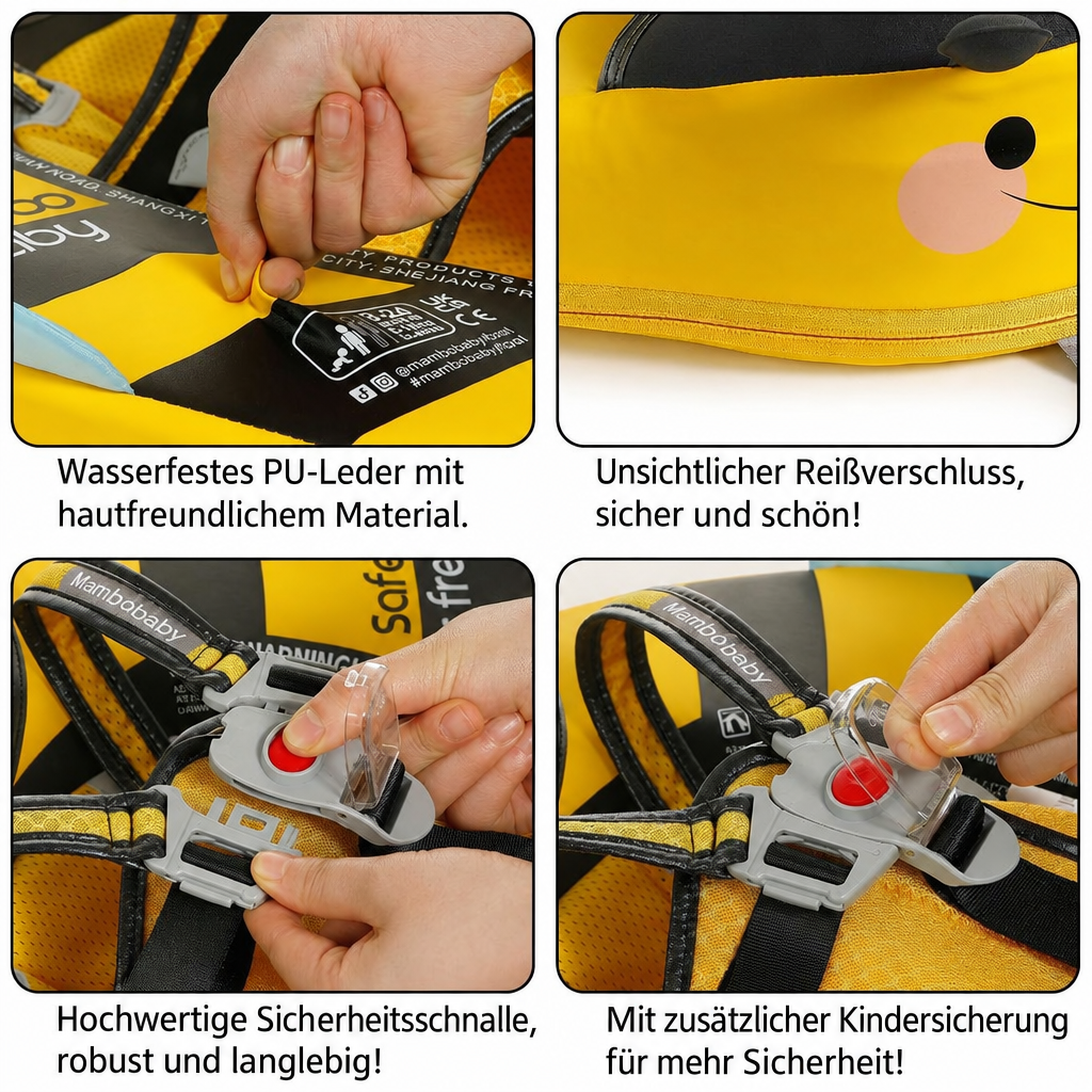 Visuelle Anleitung zum Sichern und Öffnen der Schnallen an der Mambobaby™ Biene Schwimmhilfe.