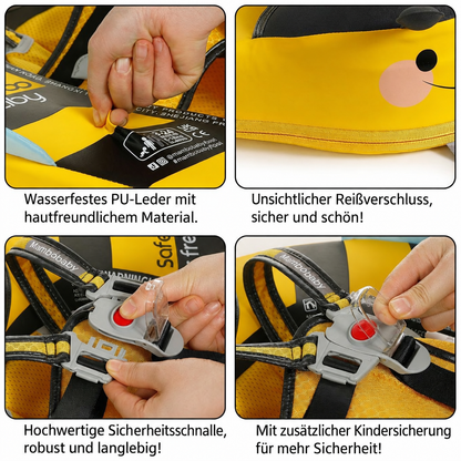 Visuelle Anleitung zum Sichern und Öffnen der Schnallen an der Mambobaby™ Biene Schwimmhilfe.