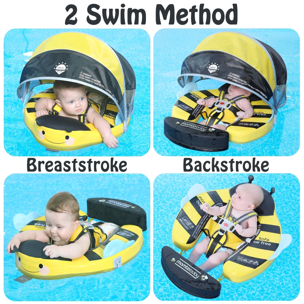 Unterstützte Brust- und Rückenschwimm-Positionen der Mambobaby™ Biene Schwimmhilfe.