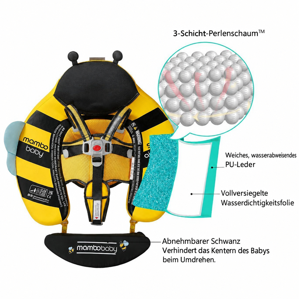 Darstellung der 3 Materialschichten der Mambobaby™ Biene mit luftfreiem PearlFoam™ Kern.