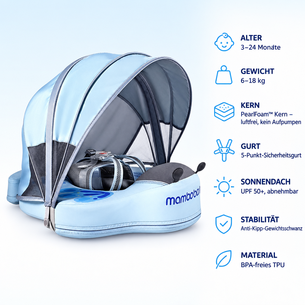 Mambobaby™ Butterfly – Produktdaten auf einen Blick: Alter 3–24 Monate, Gewicht 6–18 kg, Kern PearlFoam™ Kern – luftfrei, kein Aufpumpen, Gurt 5-Punkt-Sicherheitsgurt