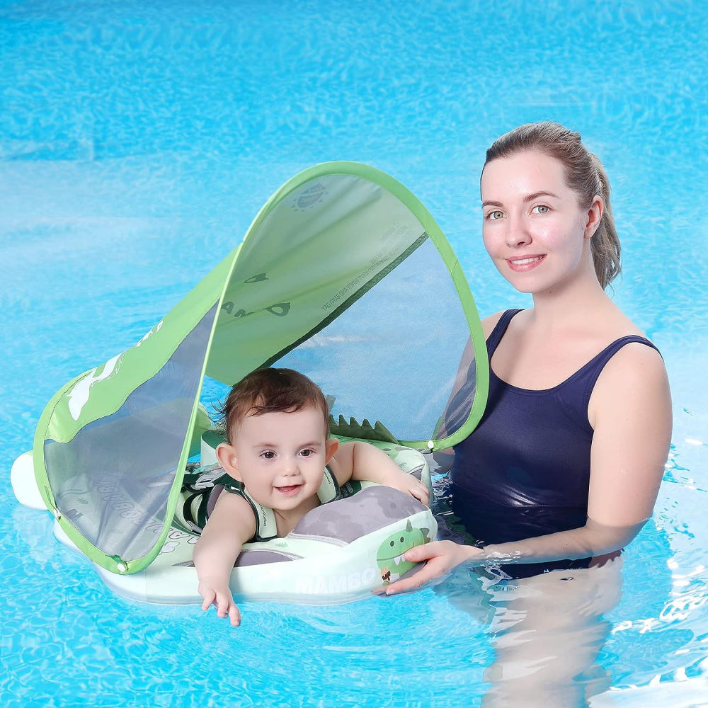 Mambobaby™ Dino Edition Baby Schwimmhilfe – Luftfreier Schwimmtrainer mit UPF 50+ Dach.