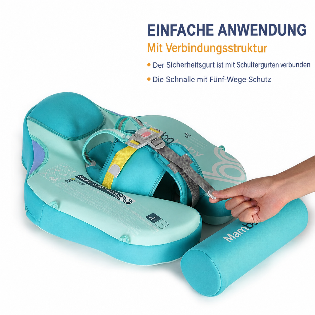 Einfache Anwendung der Mambobaby™ Dino Schwimmhilfe – Gurtsystem mit Schultergurten