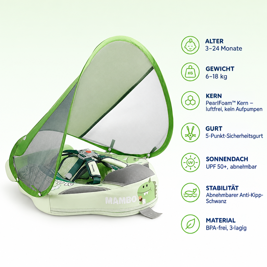 Mambobaby™ Dino – Produktdaten auf einen Blick: Alter 3–24 Monate, Gewicht 6–18 kg, Kern PearlFoam™ Kern – luftfrei, kein Aufpumpen, Gurt 5-Punkt-Sicherheitsgurt