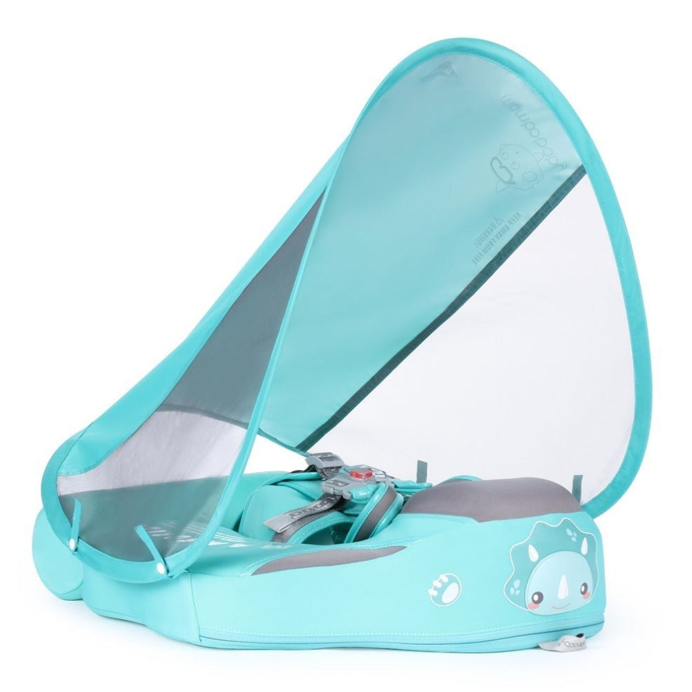 Mambobaby™ Dino Schwimmhilfe mit installiertem UPF 50+ Sonnendach.