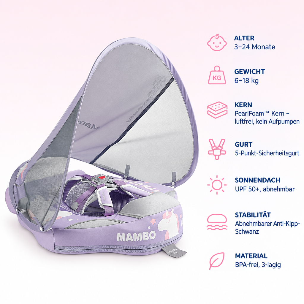 Mambobaby™ Einhorn – Produktdaten auf einen Blick: Alter 3–24 Monate, Gewicht 6–18 kg, Kern PearlFoam™ Kern – luftfrei, kein Aufpumpen, Gurt 5-Punkt-Sicherheitsgurt
