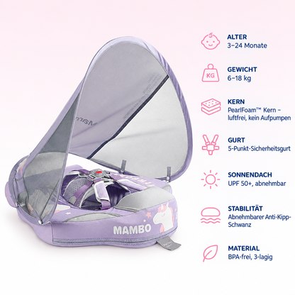 Mambobaby™ Einhorn – Produktdaten auf einen Blick: Alter 3–24 Monate, Gewicht 6–18 kg, Kern PearlFoam™ Kern – luftfrei, kein Aufpumpen, Gurt 5-Punkt-Sicherheitsgurt