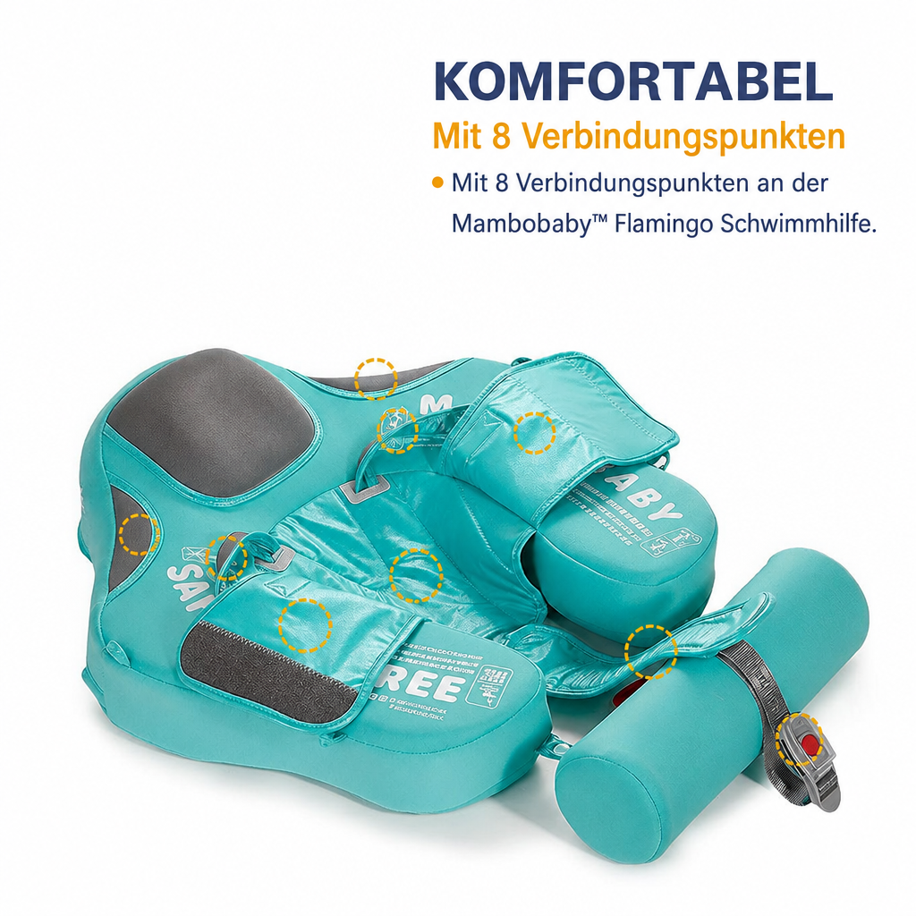 Komfortabel mit 8 Verbindungspunkten an der Mambobaby™ Flamingo Schwimmhilfe