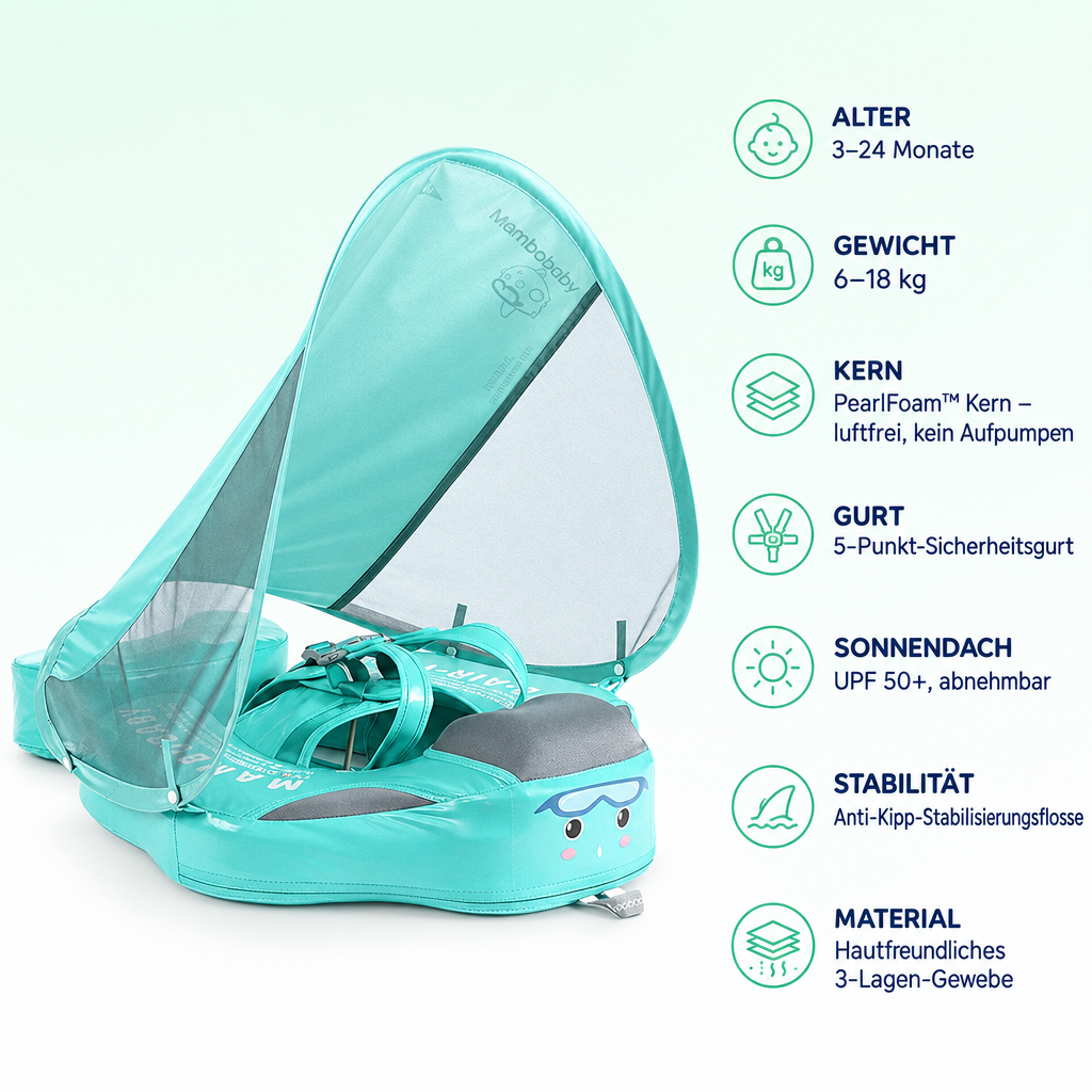 Mambobaby™ Flamingo – Produktdaten auf einen Blick: Alter 3–24 Monate, Gewicht 6–18 kg, Kern PearlFoam™ Kern – luftfrei, kein Aufpumpen, Gurt 5-Punkt-Sicherheitsgurt