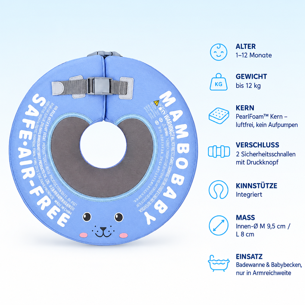 Mambobaby™ Floral – Produktdaten auf einen Blick: Alter 1–12 Monate, Gewicht bis 12 kg, Kern PearlFoam™ Kern – luftfrei, kein Aufpumpen, Verschluss 2 Sicherheitsschnallen mit Druckknopf