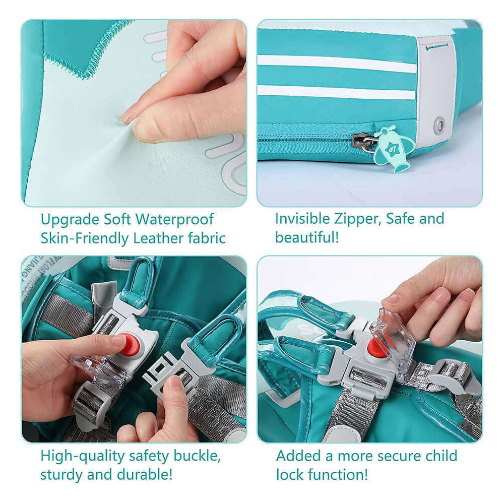 Anleitung zum Sichern der Schnallen an der Mambobaby™ Airplane Explorer Schwimmhilfe.
