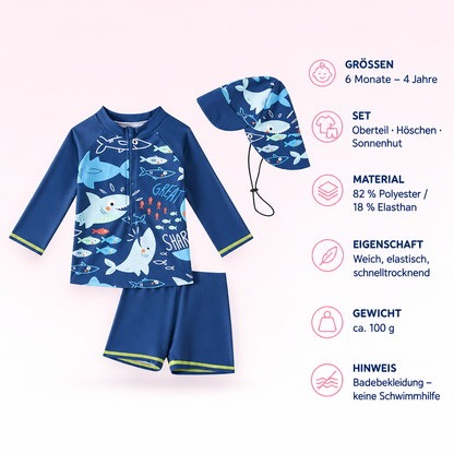 Mambobaby™ Mädchen Bade-Set – Produktdaten auf einen Blick: Grössen 6 Monate – 4 Jahre, Set Oberteil · Höschen · Sonnenhut, Material 82 % Polyester / 18 % Elasthan, Eigenschaft Weich, elastisch, schnelltrocknend