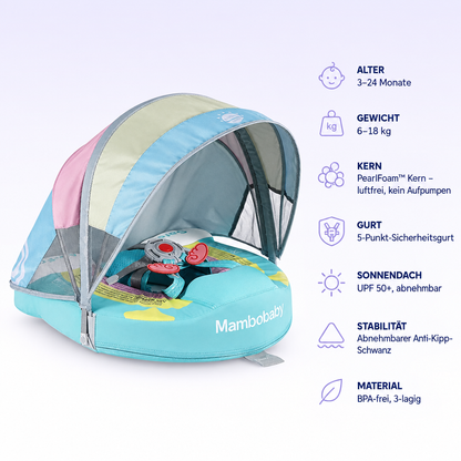 Mambobaby™ Regenbogen – Produktdaten auf einen Blick: Alter 3–24 Monate, Gewicht 6–18 kg, Kern PearlFoam™ Kern – luftfrei, kein Aufpumpen, Gurt 5-Punkt-Sicherheitsgurt