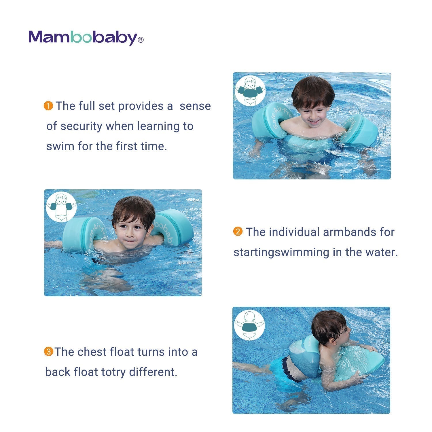 Verschiedene Schwimmpositionen mit dem progressiven Mambobaby™ 3-Stufen System.