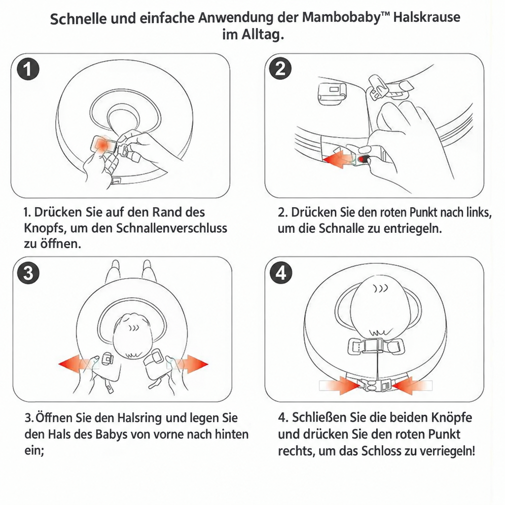 Schnelle und einfache Anwendung der Mambobaby™ Halskrause im Alltag.