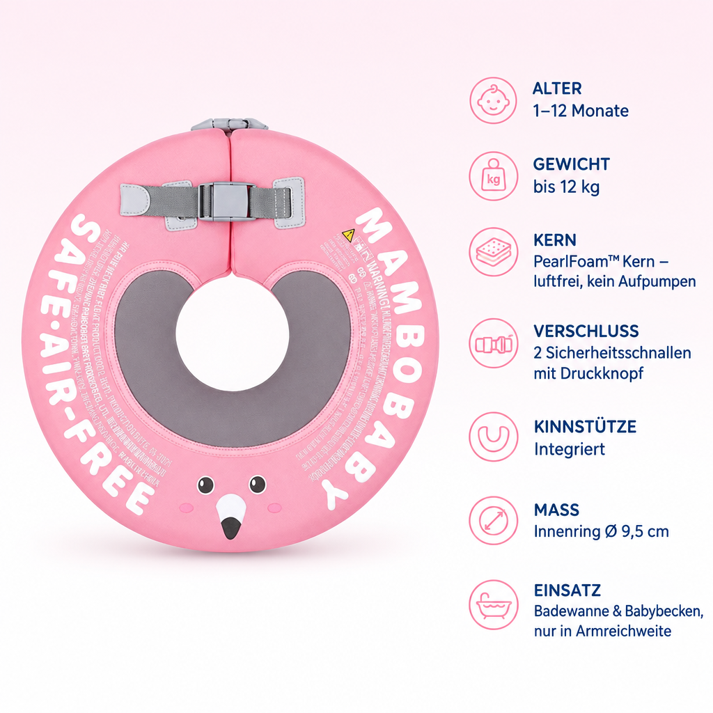 Mambobaby™ Spa – Produktdaten auf einen Blick: Alter 1–12 Monate, Gewicht bis 12 kg, Kern PearlFoam™ Kern – luftfrei, kein Aufpumpen, Verschluss 2 Sicherheitsschnallen mit Druckknopf
