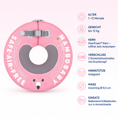 Mambobaby™ Spa – Produktdaten auf einen Blick: Alter 1–12 Monate, Gewicht bis 12 kg, Kern PearlFoam™ Kern – luftfrei, kein Aufpumpen, Verschluss 2 Sicherheitsschnallen mit Druckknopf