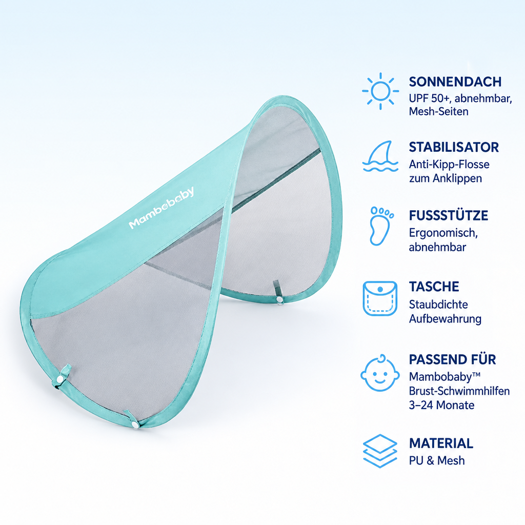 Mambobaby™ Zubehör – Produktdaten auf einen Blick: Sonnendach UPF 50+, abnehmbar, Mesh-Seiten, Stabilisator Anti-Kipp-Flosse zum Anklippen, Fussstütze Ergonomisch, abnehmbar, Tasche Staubdichte Aufbewahrung