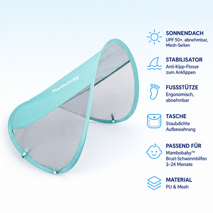 Mambobaby™ Zubehör – Produktdaten auf einen Blick: Sonnendach UPF 50+, abnehmbar, Mesh-Seiten, Stabilisator Anti-Kipp-Flosse zum Anklippen, Fussstütze Ergonomisch, abnehmbar, Tasche Staubdichte Aufbewahrung